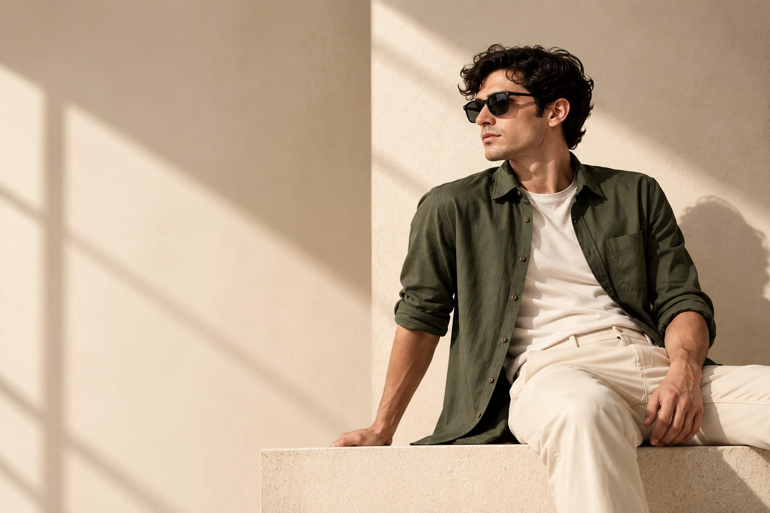 A man in an olive overshirt and cream trousers on a sunlit stone ledge