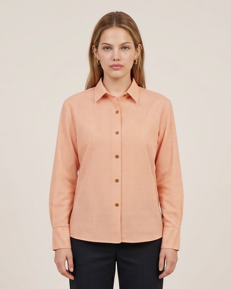 A woman in a soft check cotton shirt