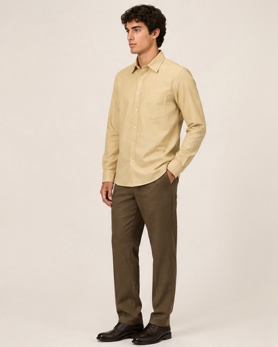 Butter Solid Cotton Shirt in Butter, view 3
