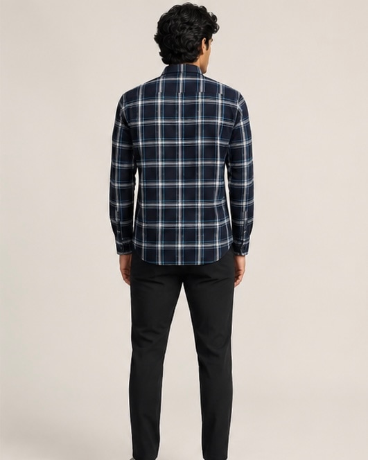 Casual Check Cotton Shirt in Midnight Grid, view 2