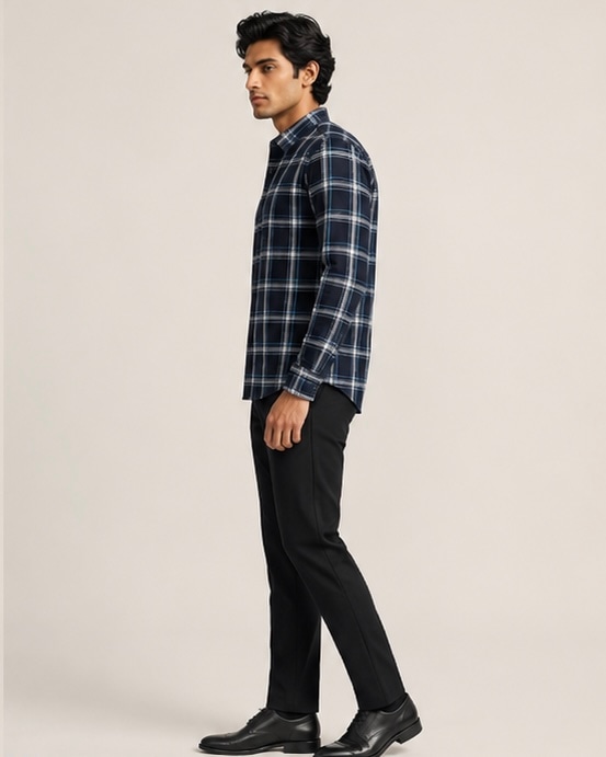 Casual Check Cotton Shirt in Midnight Grid, view 4