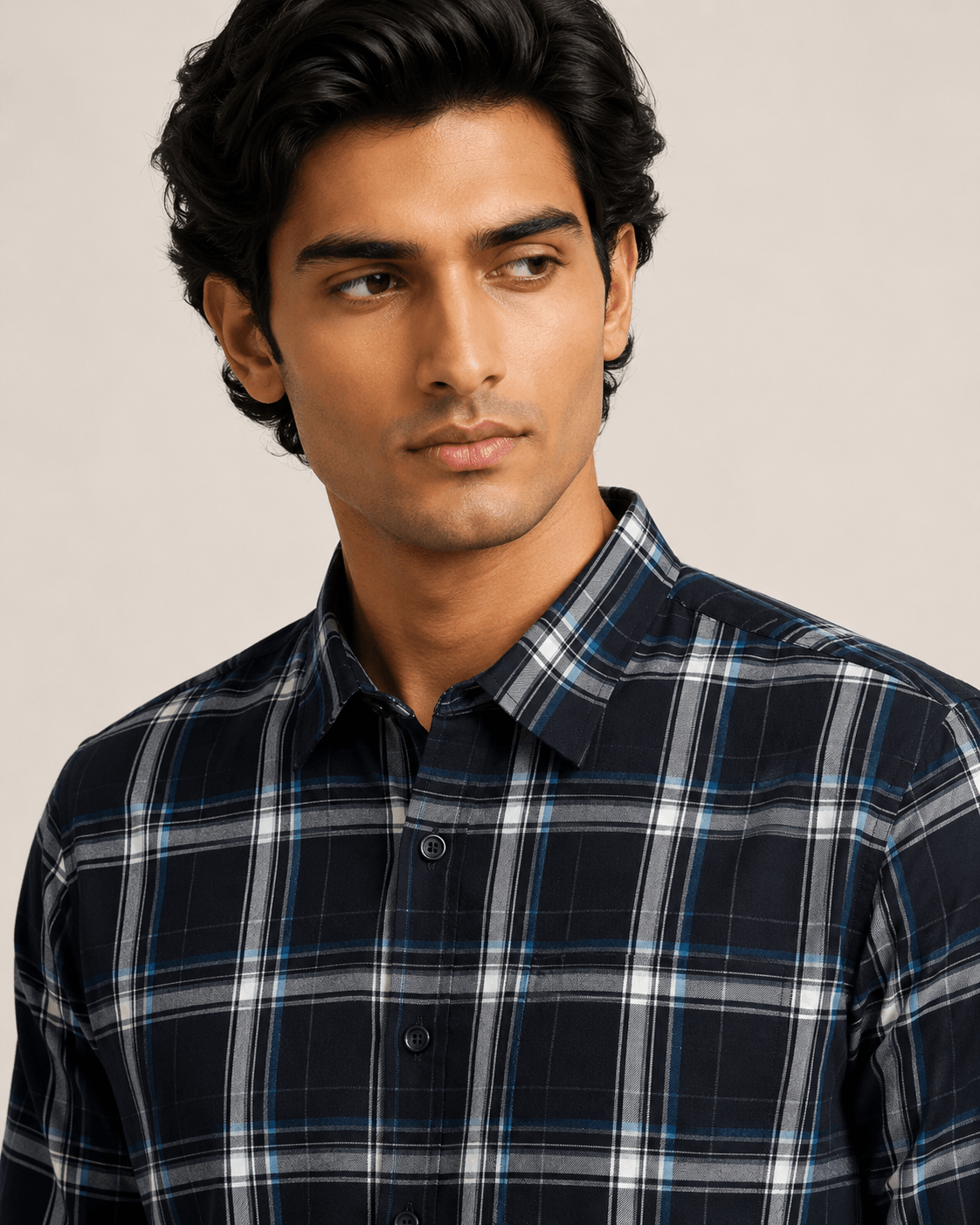 Casual Check Cotton Shirt in Midnight Grid, view 5