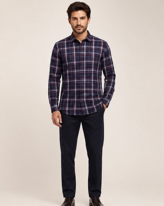 Casual Check Cotton Shirt in Midnight Grid, view 6
