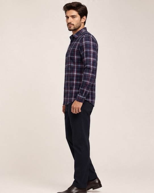 Casual Check Cotton Shirt in Midnight Grid, view 7