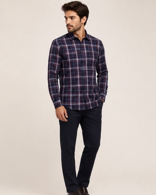 Casual Check Cotton Shirt in Midnight Grid, view 8