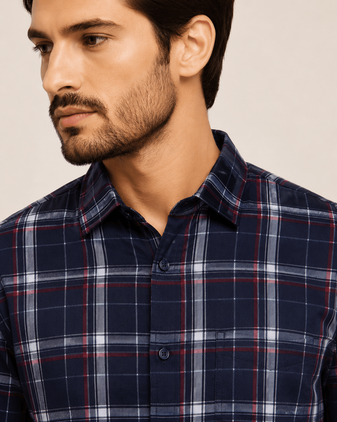 Casual Check Cotton Shirt in Midnight Grid, view 9