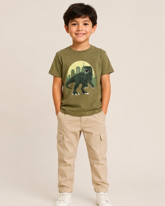 Dino Glow Cotton Tee in Olive, view 1