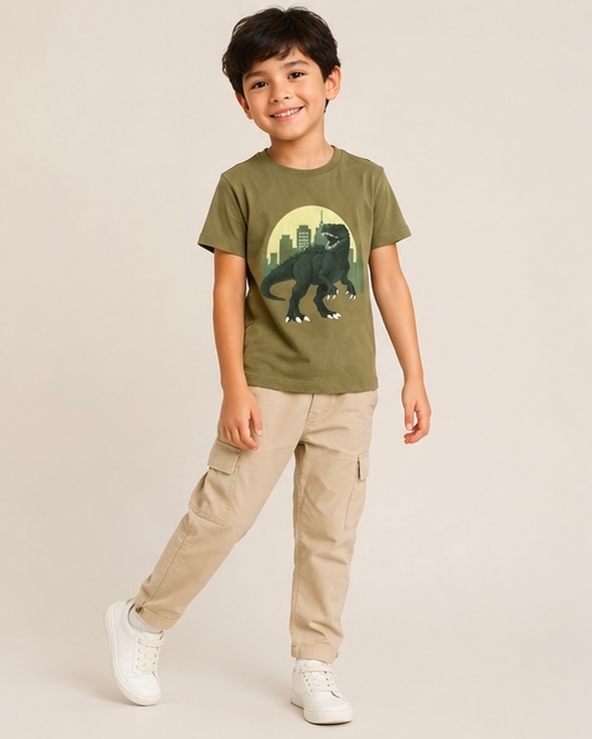 Dino Glow Cotton Tee in Olive, view 3