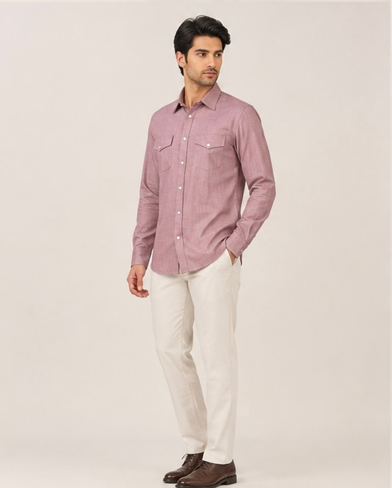 Dual Pocket Cotton Shirt in Dusty Rose, view 1