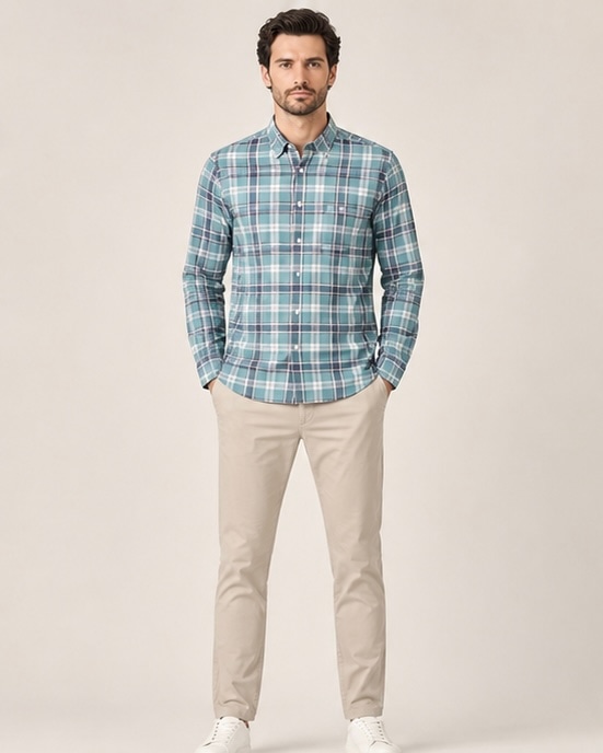 Madras Plaid Check Shirt in Cool Aqua, view 1
