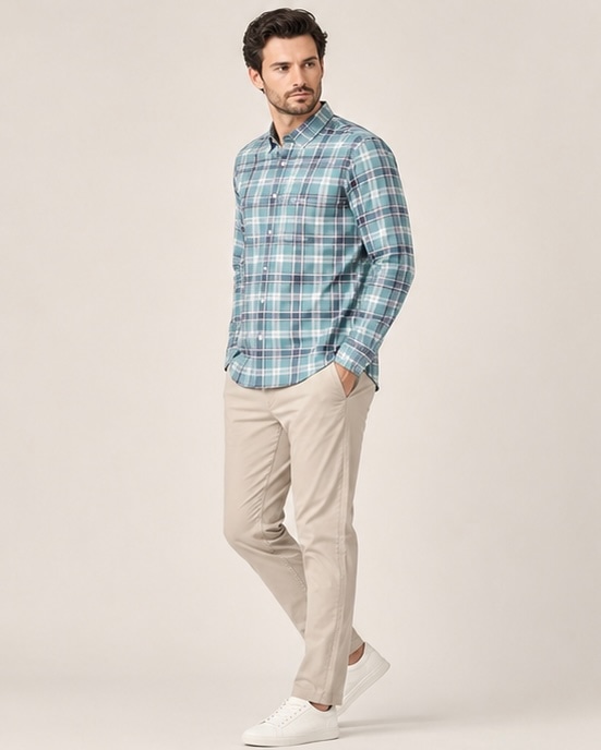 Madras Plaid Check Shirt in Cool Aqua, view 2