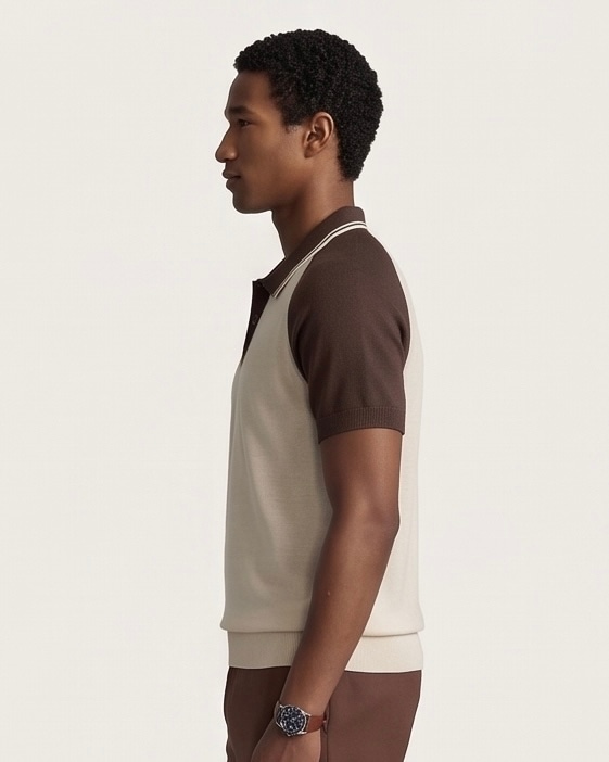 Classic Contrast Sleeve Polo in Sand & Espresso, view 3