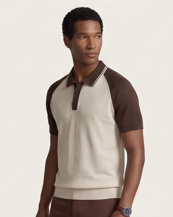 Classic Contrast Sleeve Polo in Sand & Espresso, view 4