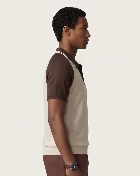 Classic Contrast Sleeve Polo in Sand & Espresso, view 5