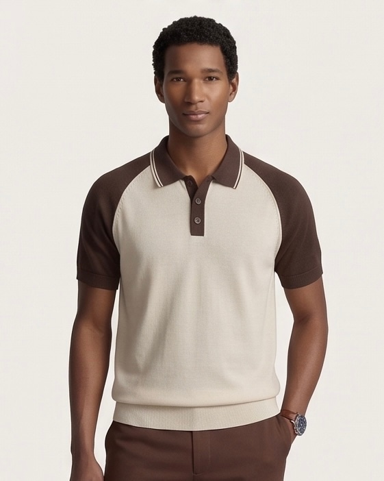 Classic Contrast Sleeve Polo in Sand & Espresso, view 1