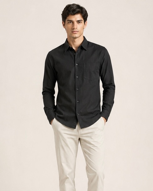 Noir Pure Cotton Shirt in Premium Black, view 1