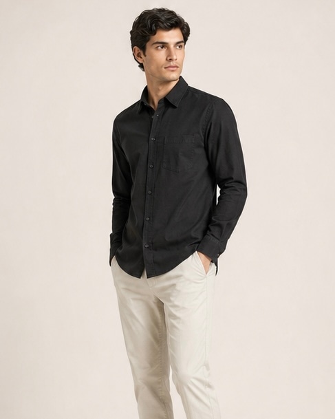 Noir Pure Cotton Shirt in Premium Black, view 3