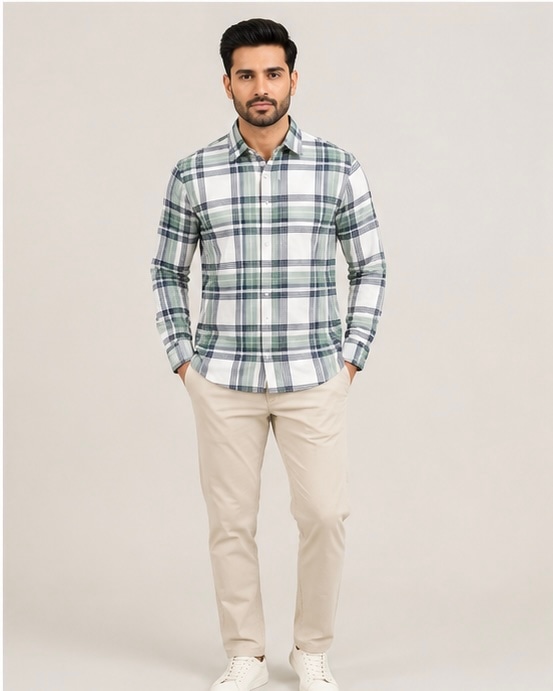 Plaid Check Cotton Shirt in Olive Frost, view 1