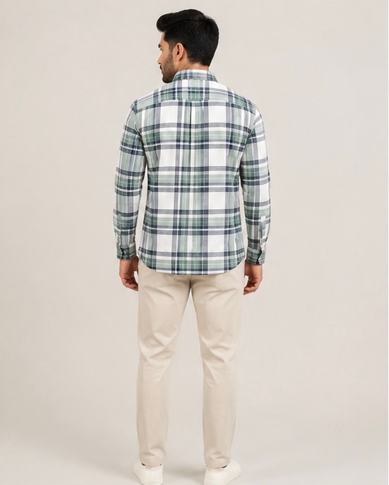 Plaid Check Cotton Shirt in Olive Frost, view 2