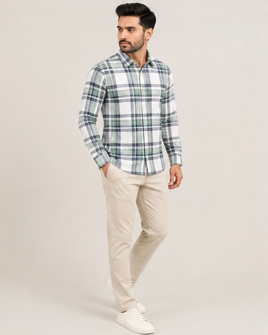 Plaid Check Cotton Shirt in Olive Frost, view 3