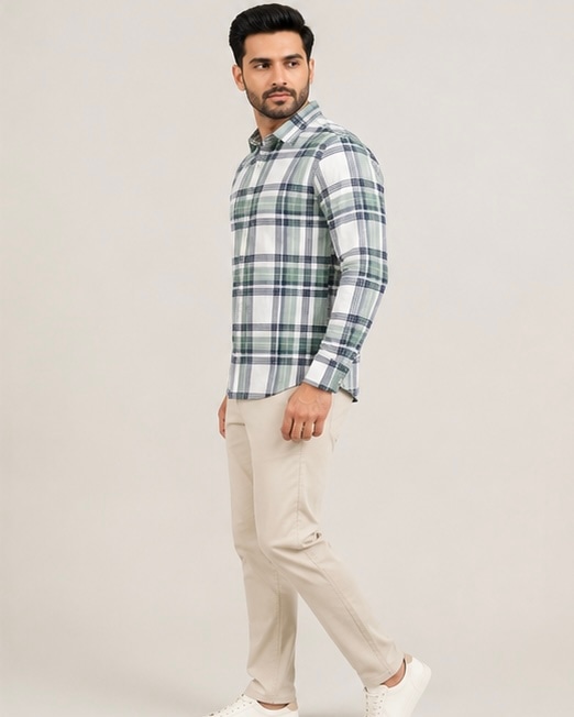 Plaid Check Cotton Shirt in Olive Frost, view 4