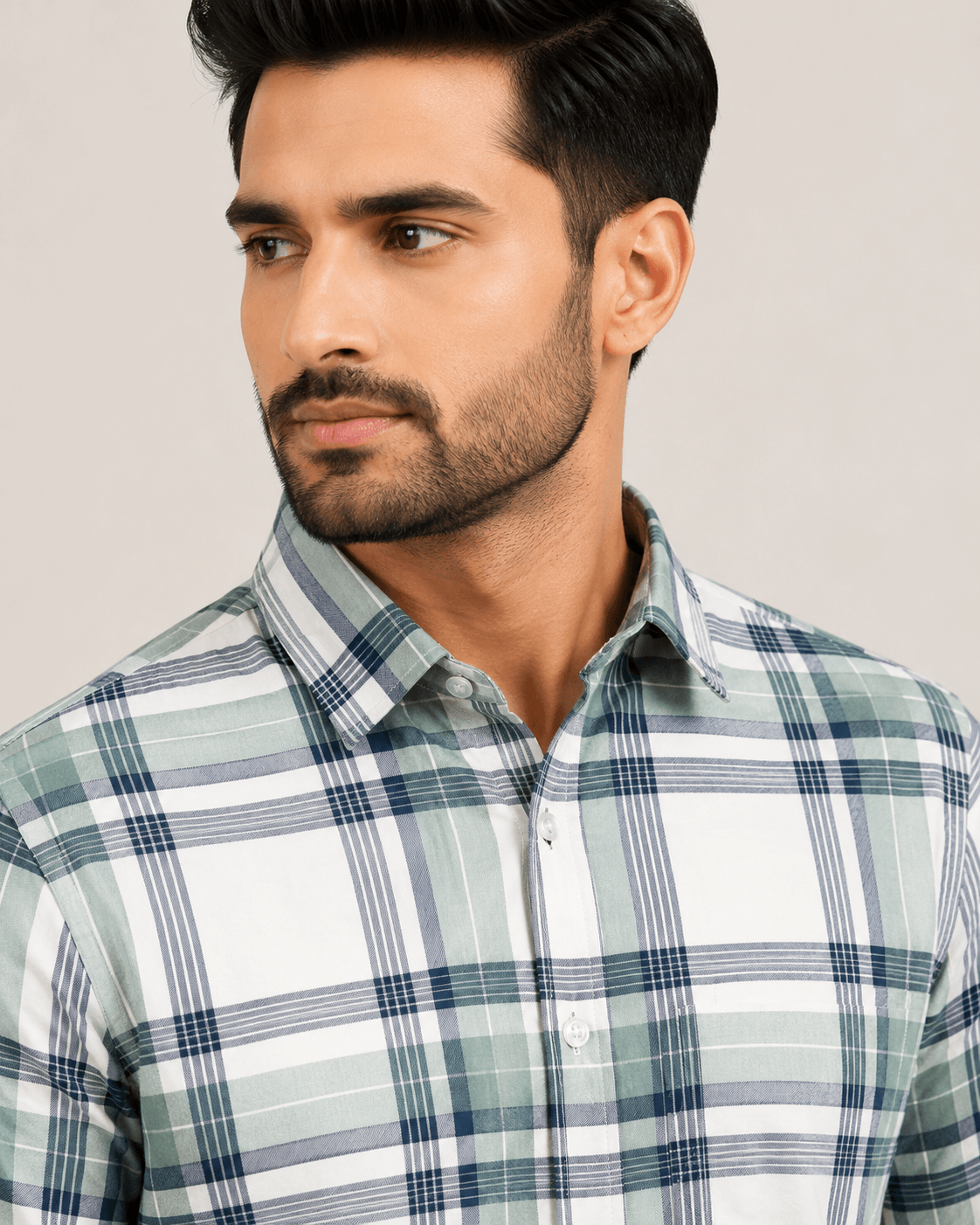 Plaid Check Cotton Shirt in Olive Frost, view 5