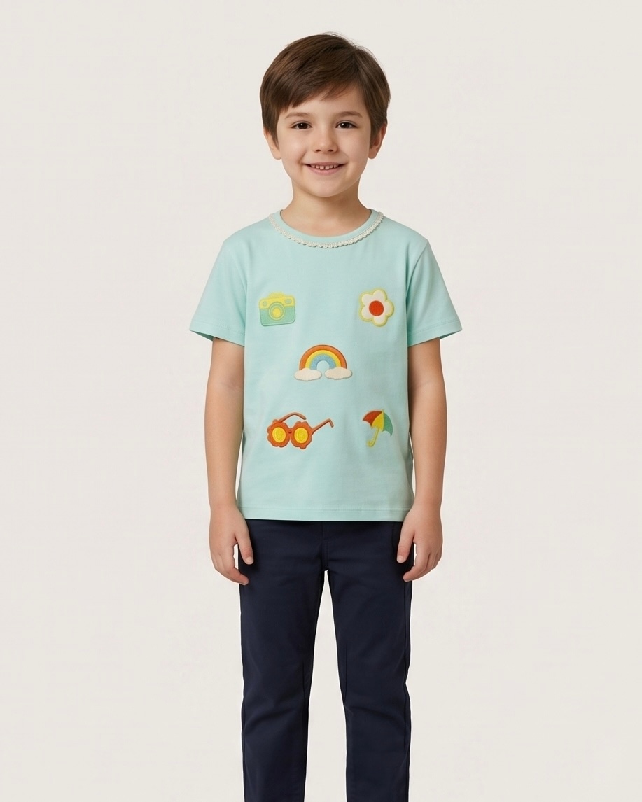 Rainbow Applique Cotton Tee in Sky Blue, view 1
