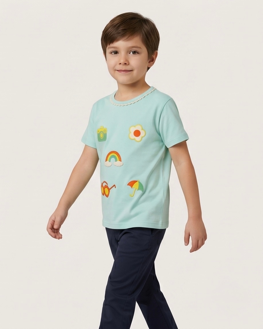 Rainbow Applique Cotton Tee in Sky Blue, view 4