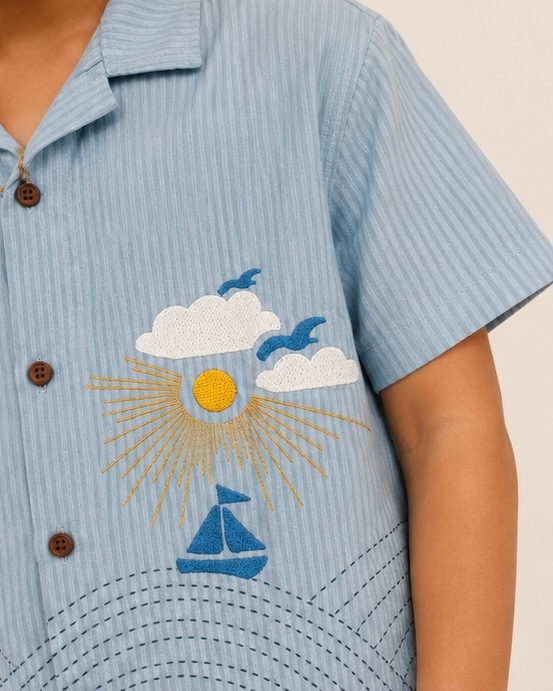Seaside Embroidered Seersucker Shirt in Sky, view 4