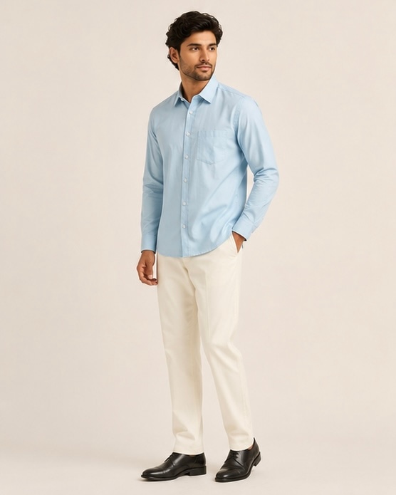 Sky Slim Cotton Shirt in Baby Blue, view 4