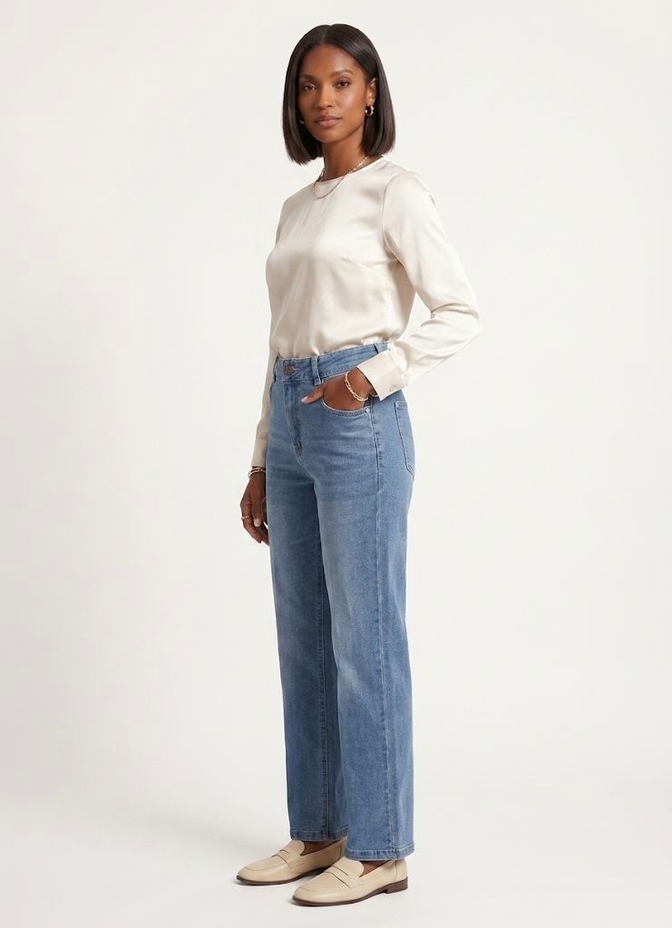 High-Rise Straight Jean in Mid Indigo, view 3