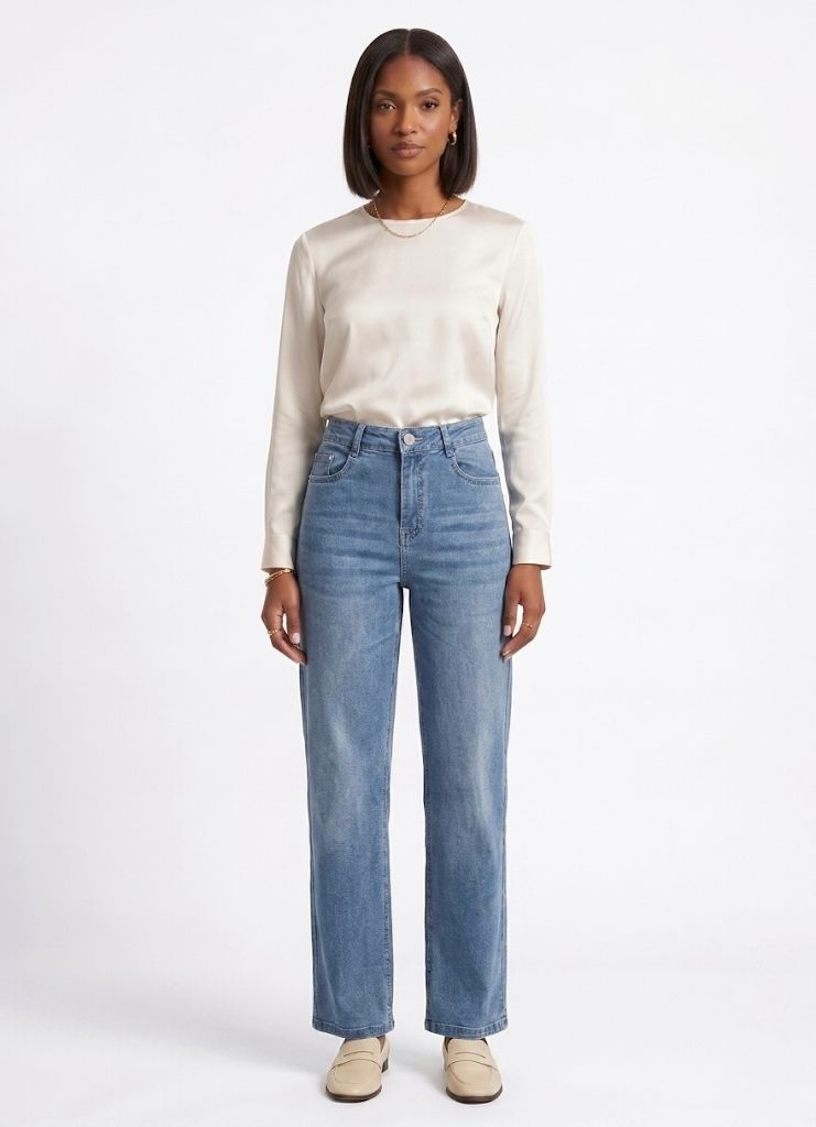 High-Rise Straight Jean in Mid Indigo, view 1
