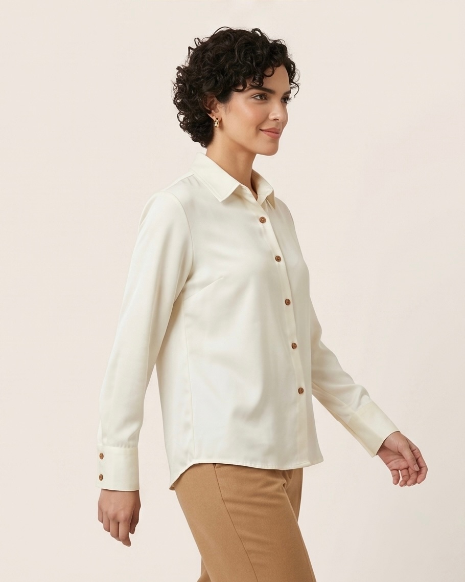 Women's Ivory Satin Shirt in Ivory, view 5