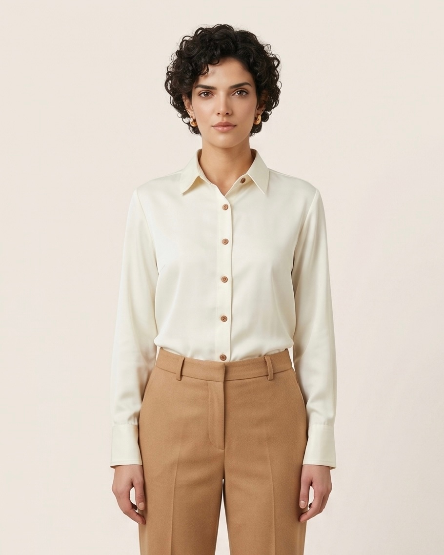 Women's Ivory Satin Shirt in Ivory, view 1