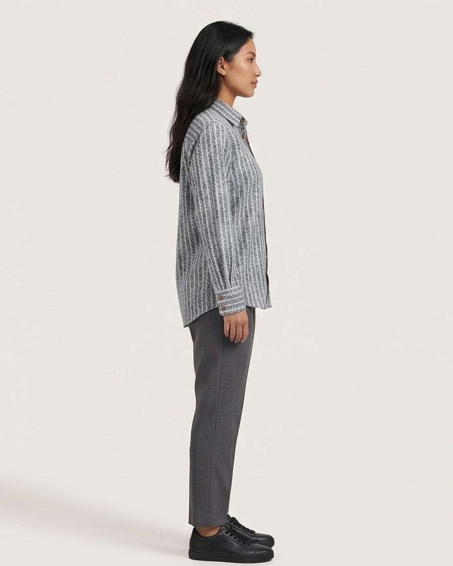 Women's Floral Stripe Print Shirt in Ash Grey, view 3